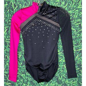 Weissman Gymnastics Studded Long Sleeve Leotard LC Girls Large Black Pink Dance